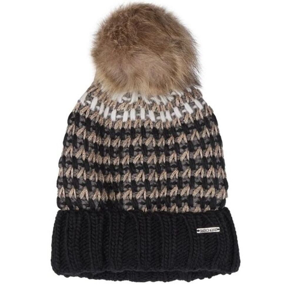 Skechers Multicolor Metallic Yarn Knitted Beanie Hat w/ Faux Fur Pom